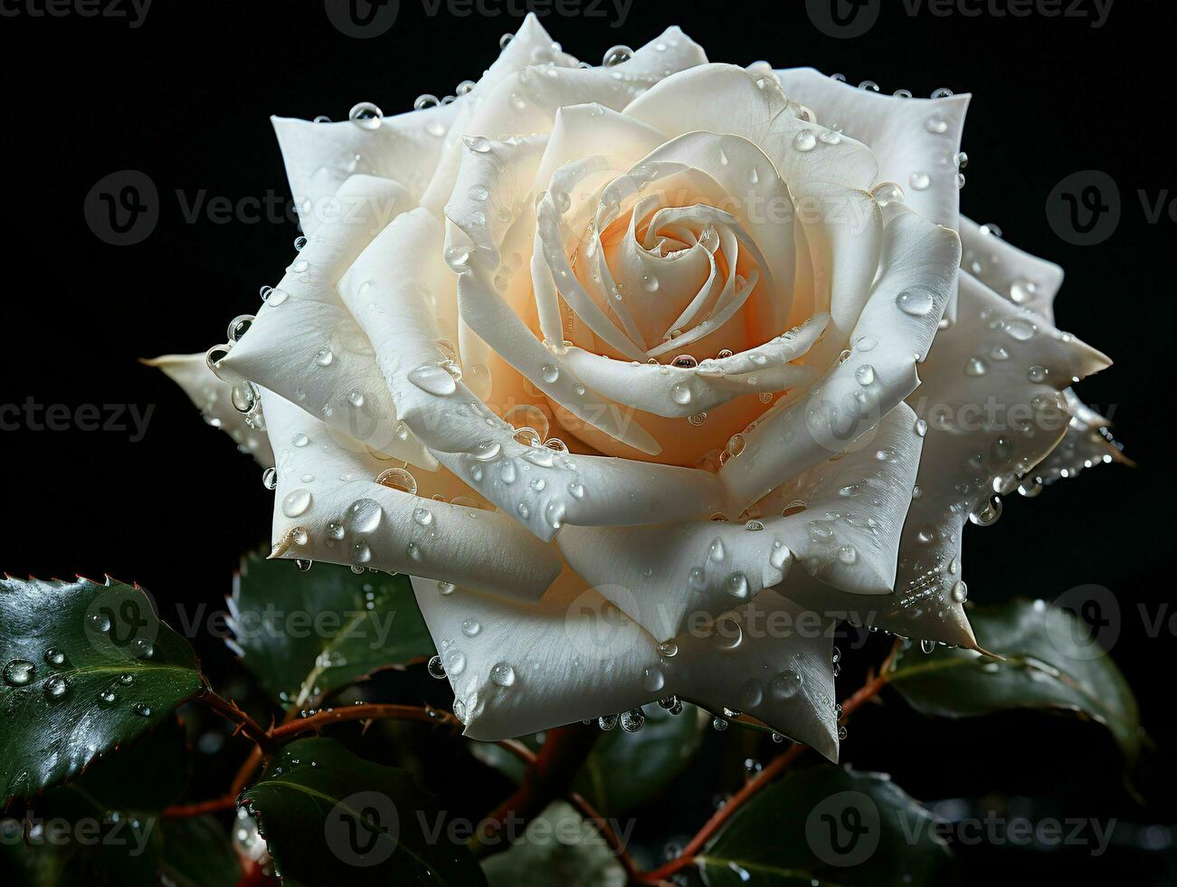 AI generated Blooming White Rose with Water Droplets on it Isolated on Black Background. Rose Close Up. Generative AI photo