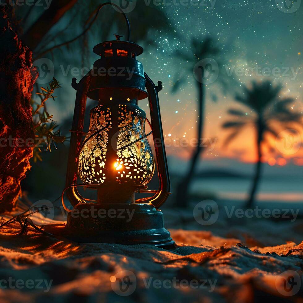 AI generated Arabic Lantern in the Desert at Sunset. Ramadan Kareem Background. Muslim Holy Month. Generative Ai photo