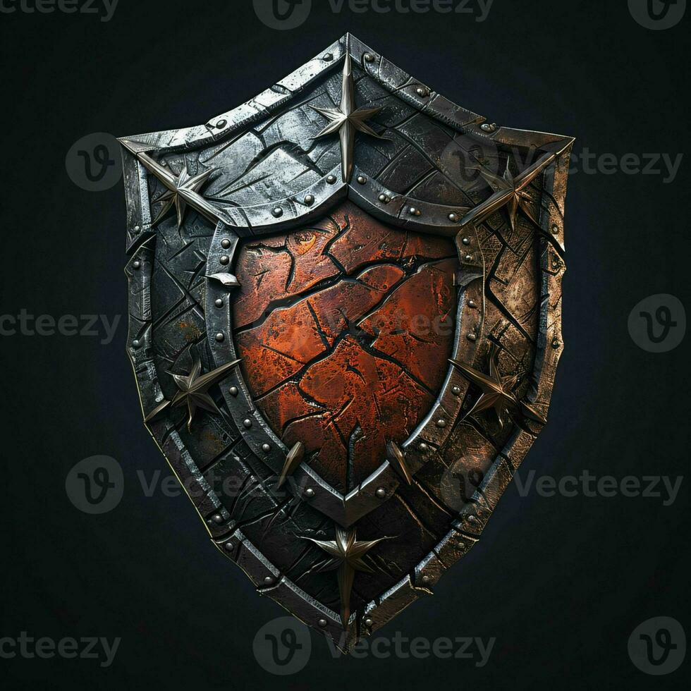 AI generated Rusty Medieval Shield with War Torn Effect Isolated on Black Background. Generative AI photo