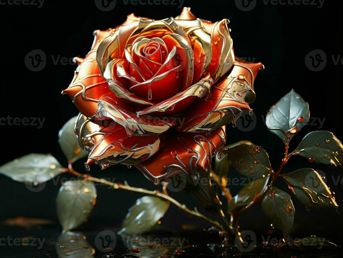 AI generated Red and Gold Glass Rose Flower with Water Droplets on it Isolated on Black Background. Generative AI photo