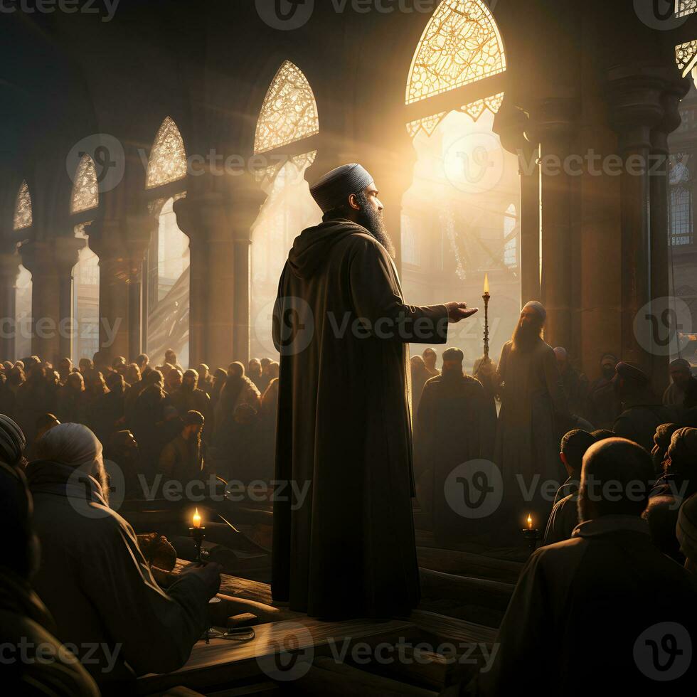 AI generated Islamic Imam Conducts a Sermon at the Mosque. Muslim Imam Preaching to the People in the Mosque. Generative Ai photo