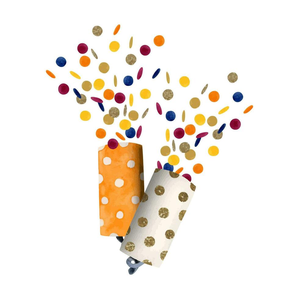 Colorful party poppers with confetti vector watercolor illustration, hand drawn holiday crackers