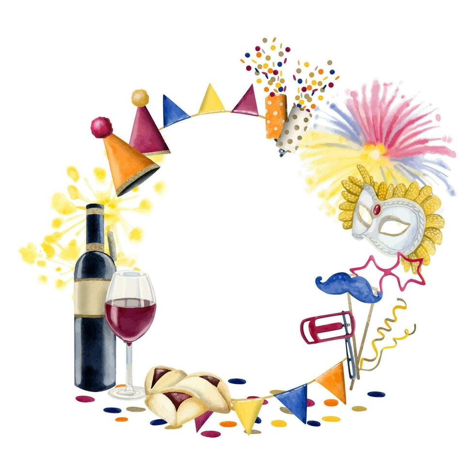 Watercolor Purim round frame with Jewish traditional symbols. Masks, noise maker, party hats, fireworks, Esther scroll vector
