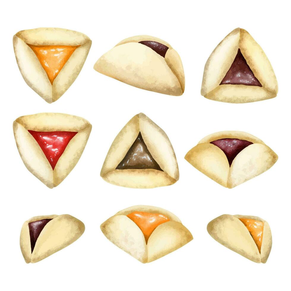 Purim amán orejas galletas, vector acuarela ilustración conjunto de tradicional judío fiesta hamantaschen postre con diferente rellenos