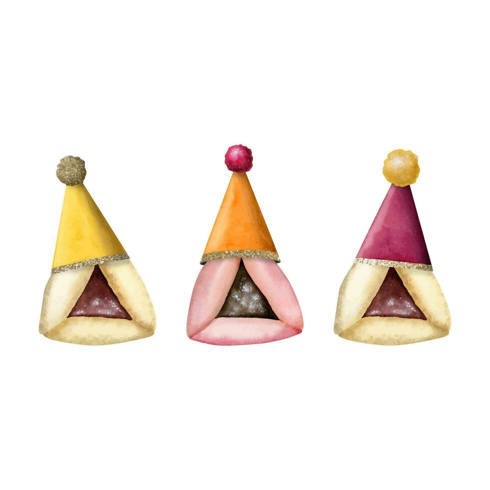Funny Jewish cookies Hamantaschen with party cones hats and pompons. Colorful watercolor vector hamans ears for Purim holiday