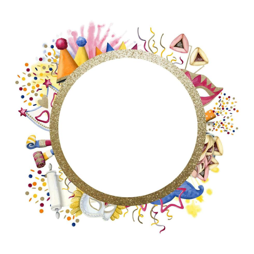 Greeting template with Purim symbols, confetti, masks, fireworks. Round gold frame for social media blog posts vector