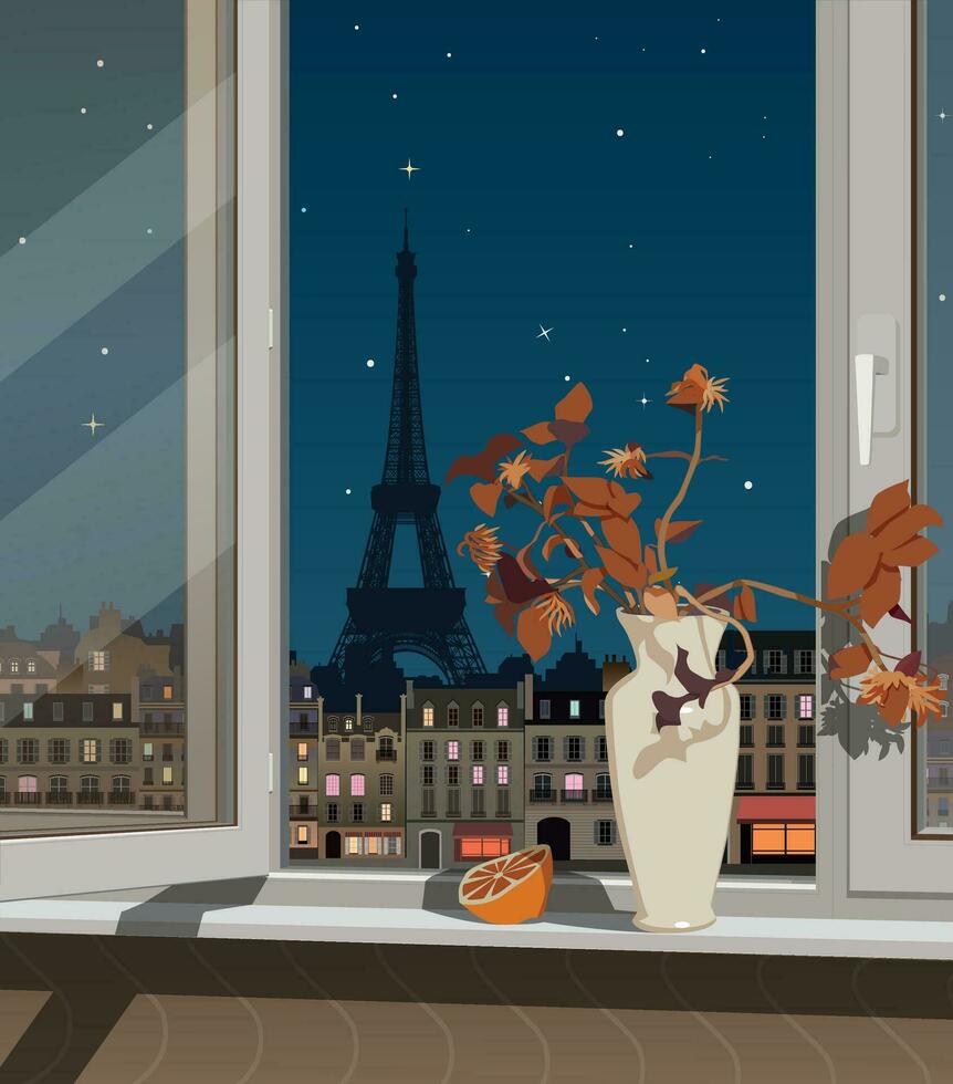 The still life stands on the windowsill against the backdrop of Paris at night. Vector. vector