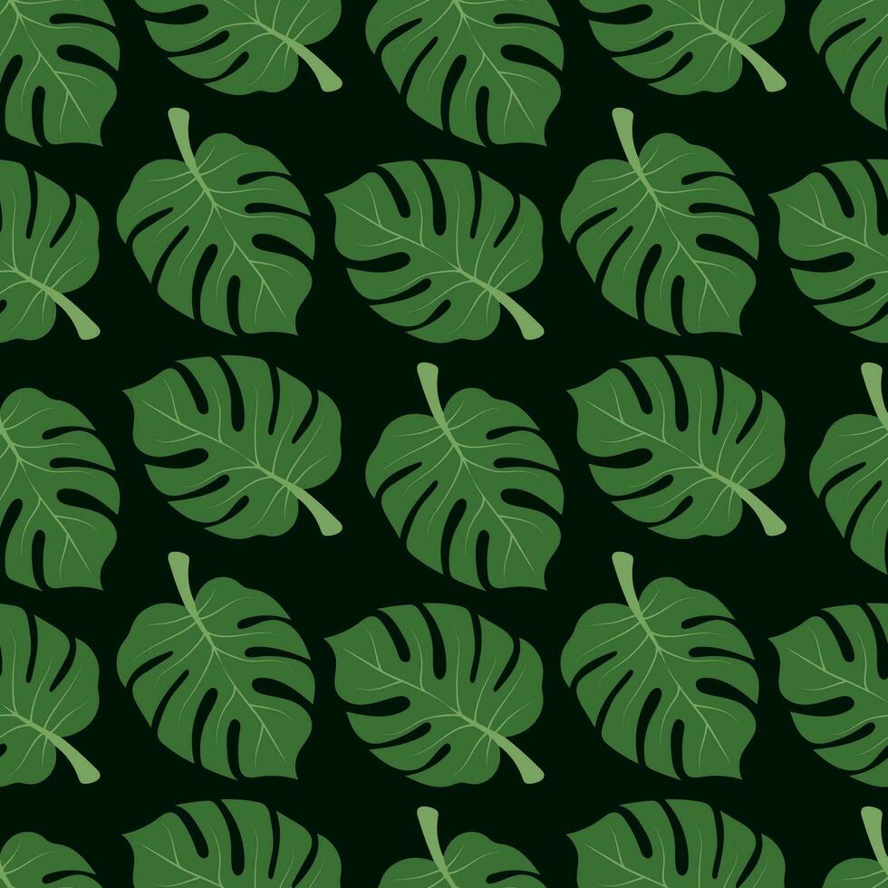 Seamless monstera pattern. Palm leaves on a dark green background. For wrapping paper, wallpaper, clothing vector