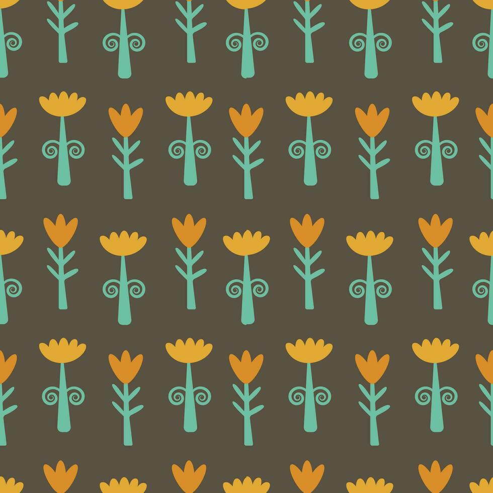 Seamless floral pattern in retro style. Simple cartoon yellow flowers on a dark brown background. Universal ornament for your design. vector