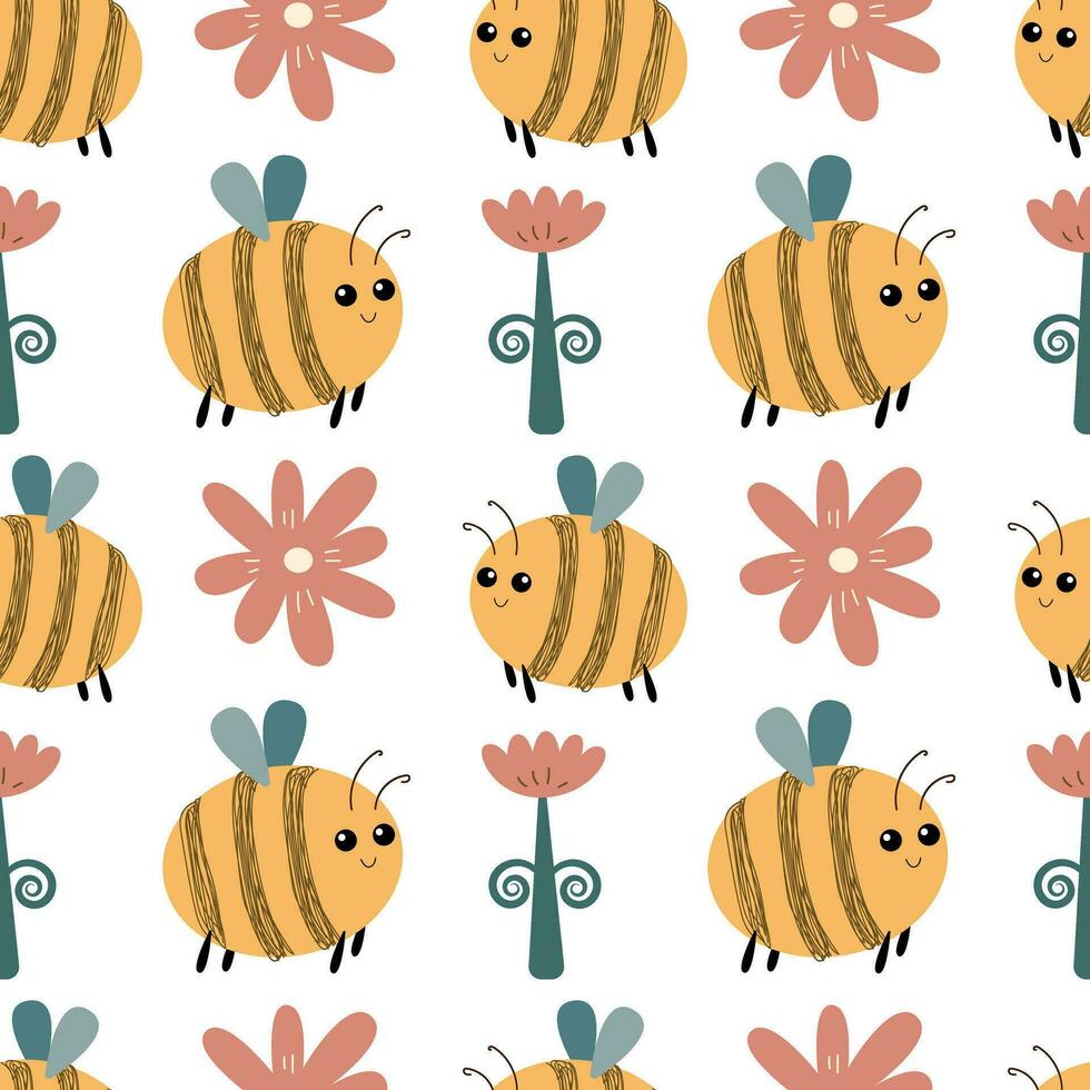 Seamless bees day pattern. Cute cartoon bees and pink flowers. vector