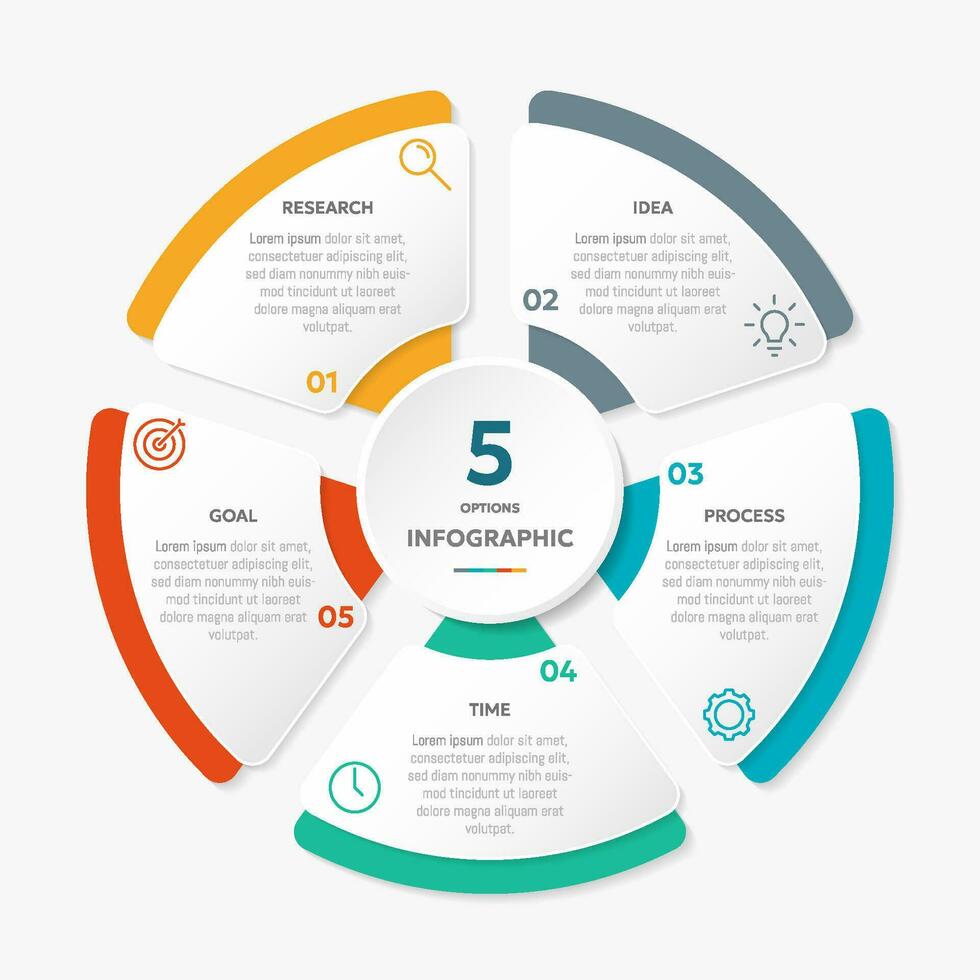 Circle shape infographic chart template with 5 options. vector