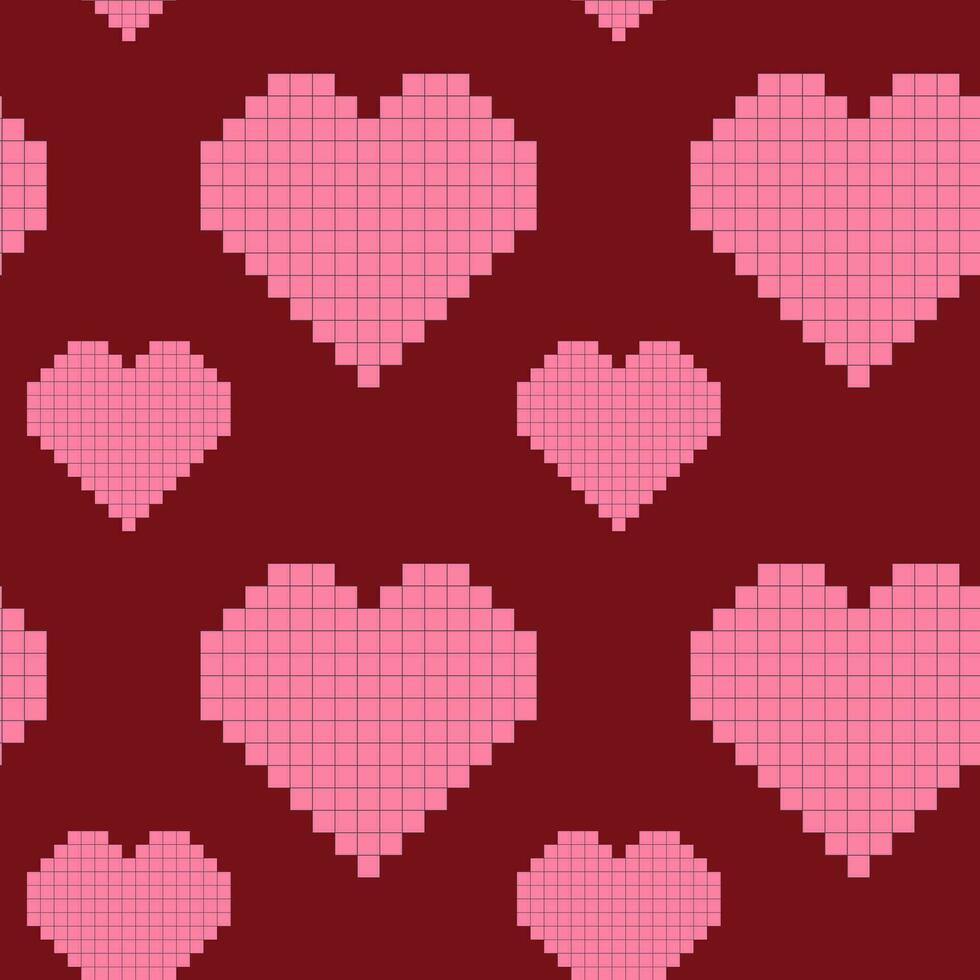 seamless pattern with Pixel hearts . Vector illustration. Pixel hearts background in retro video game style.
