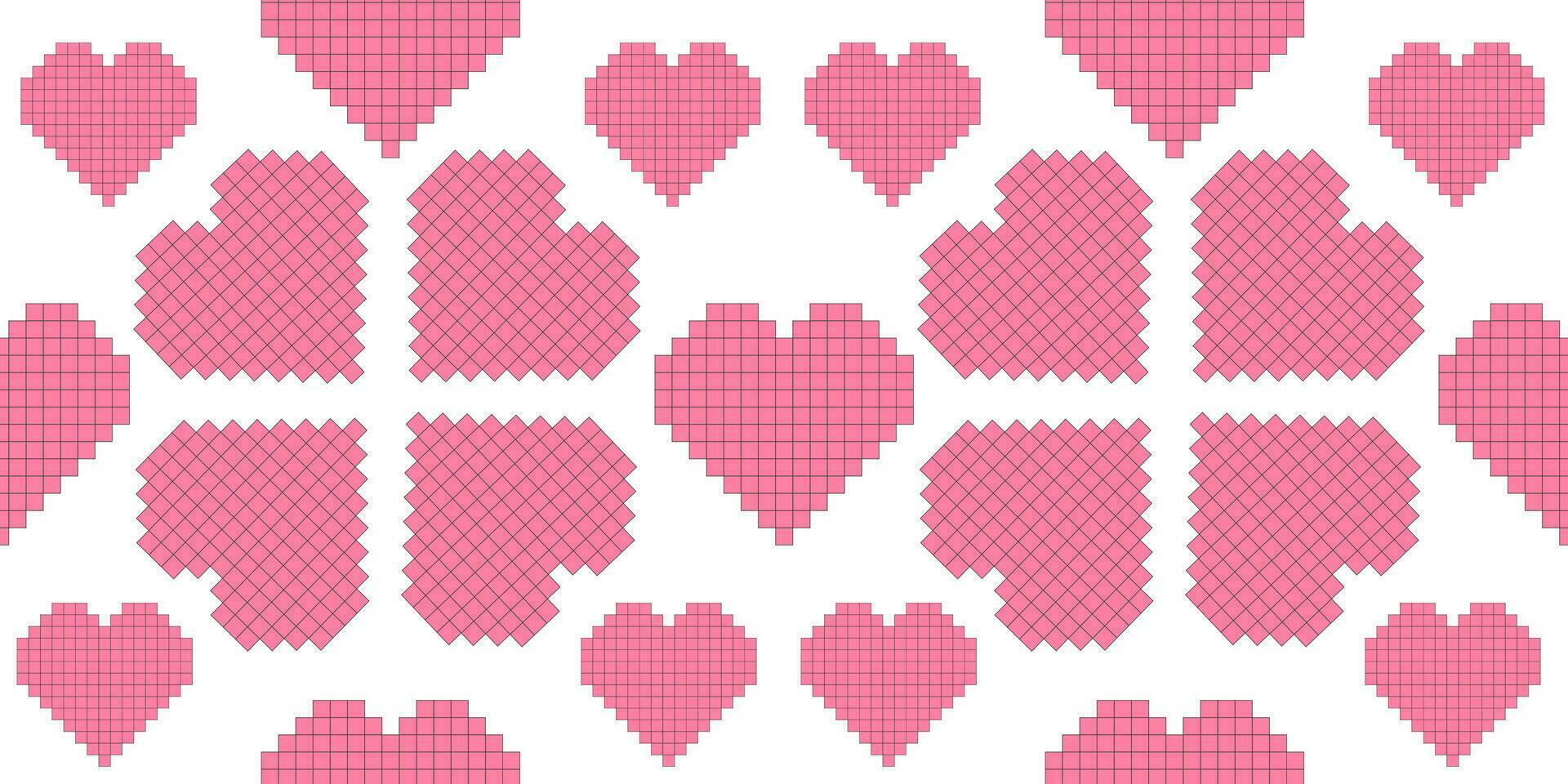 Pixel hearts for Valentine's Day seamless pattern. Vector illustration Pixel hearts background in retro video game style.