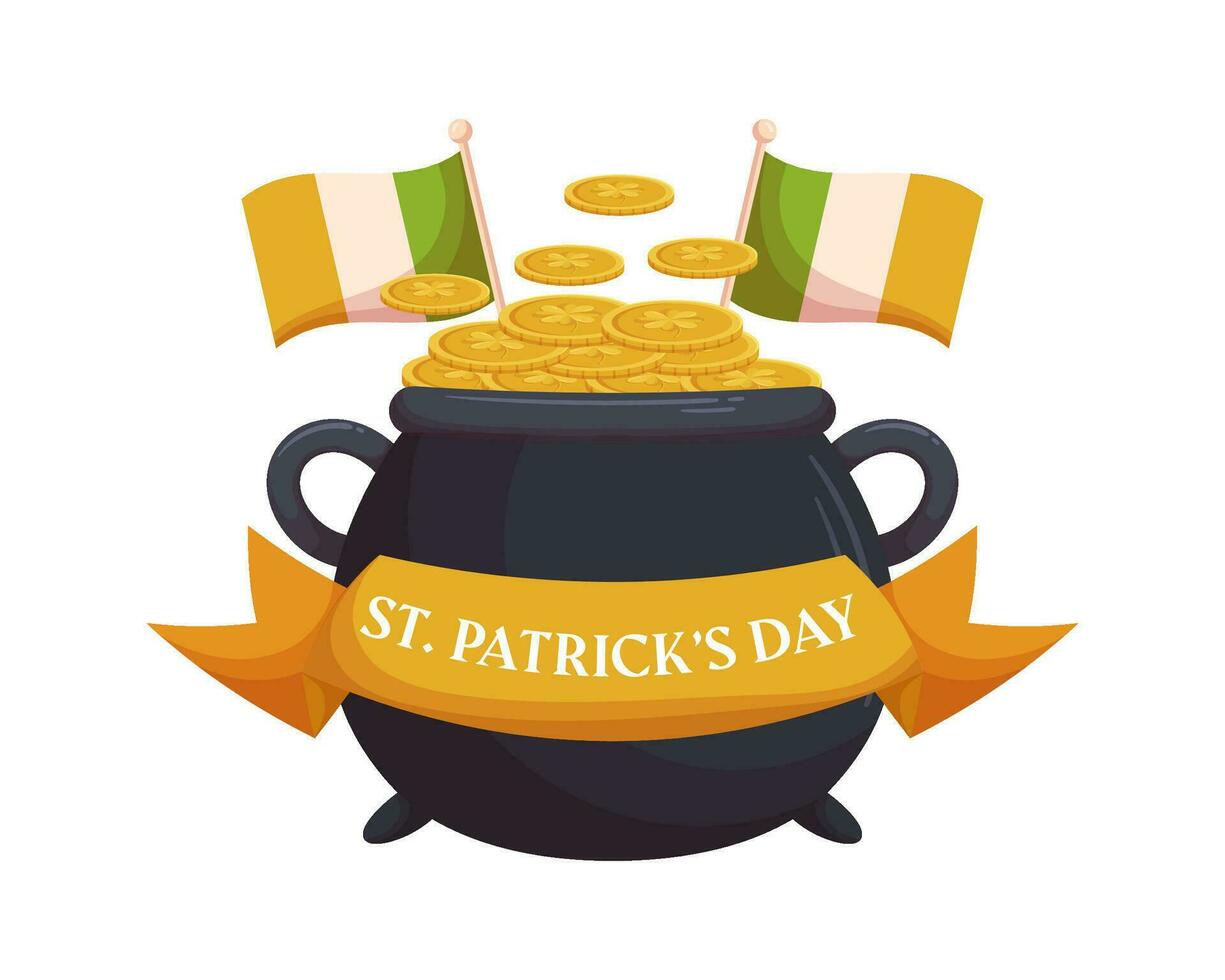 St.Patricks Day holiday design with leprechaun pot ang gold coins, irish flags and ribbon. vector