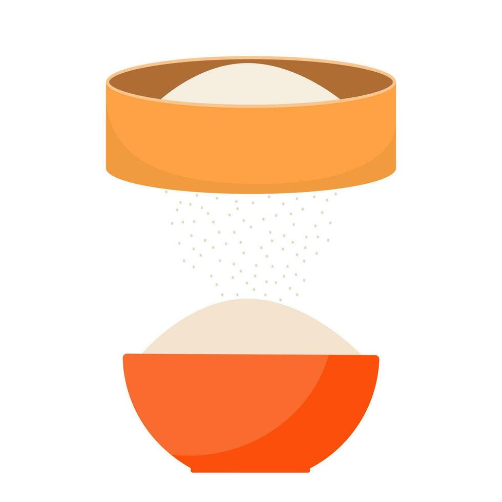 Flour sifter, package of, bowl set. Baking Ingredients. Healthy organic food. Cartoon vector. Dough cooking. Organic product illustration. Kitchen utensils. vector
