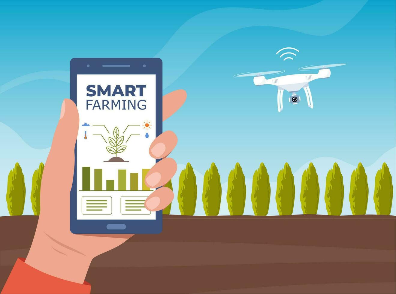 Smart farming, futuristic technologies in farm industry. Smartphone with app for control plants growing, drone, agricultural automation. Beds with agricultural crops. Vector illustration.