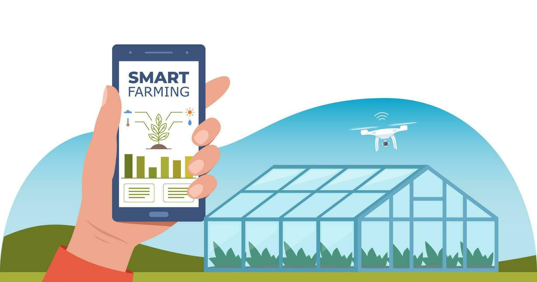 inteligente agricultura, futurista tecnologías en granja industria. teléfono inteligente con aplicación para controlar plantas creciente, zumbido, agrícola automatización. invernadero en antecedentes. vector ilustración.