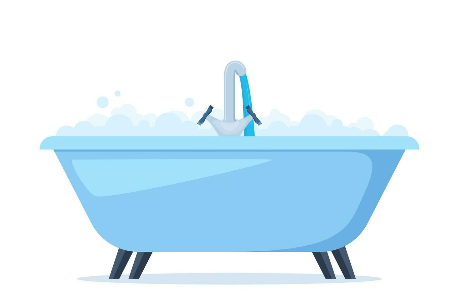 White bathtub in bathroom. Vintage bath and soap foam bubbles. Vector illustration.