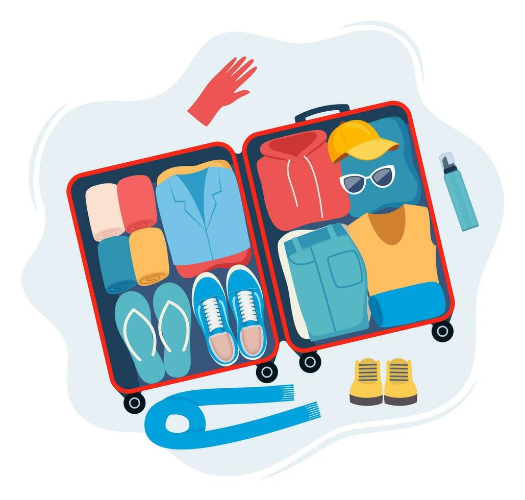 maleta con lleno ropa para viaje en parte superior vista. ropa, calzado y accesorios. personal pertenencias en equipaje, yendo en vacaciones, viaje o negocio viaje. vector ilustración.