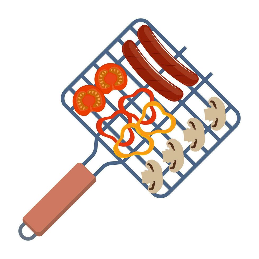 Barbeque grill grate with sausages, vegetables, mushroom. Device for grilling food. Top view. Vector illustration.