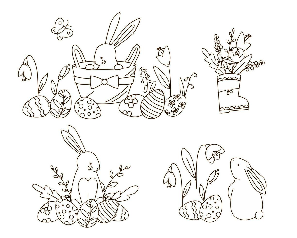 Easter coloring book pages collection with bunny eggs and flower Black and white line doodle drawing vector