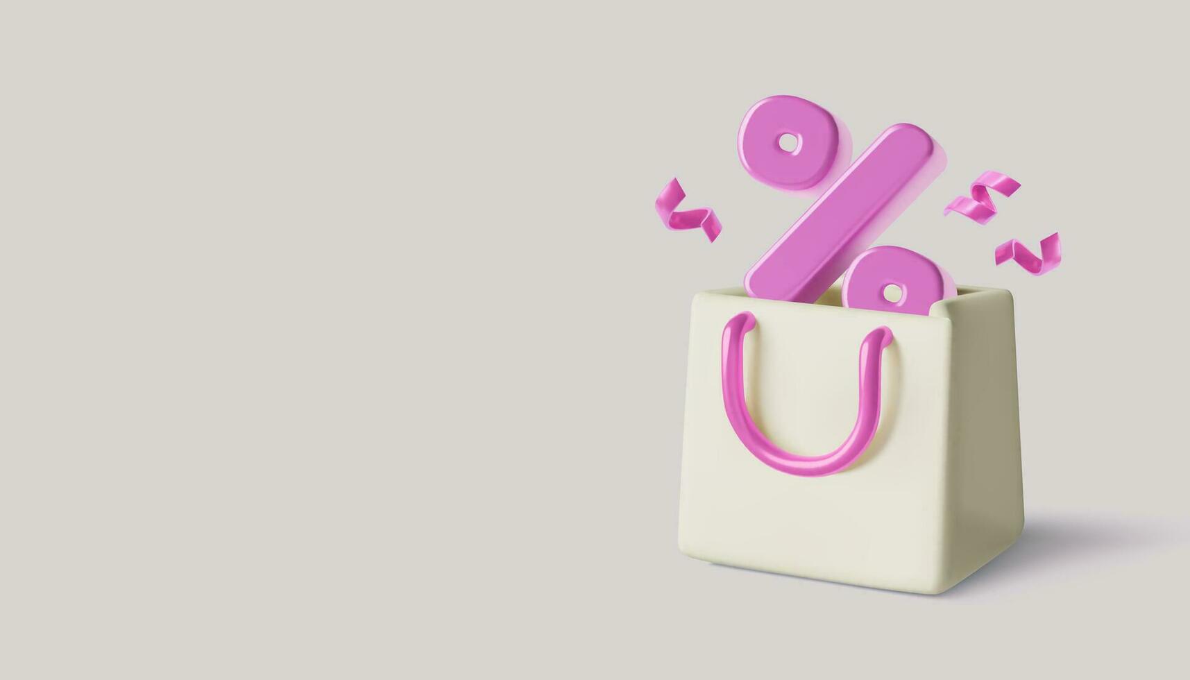 3D realistic shopping bag purple percent sign and confetti Holiday discount banner with copy space vector