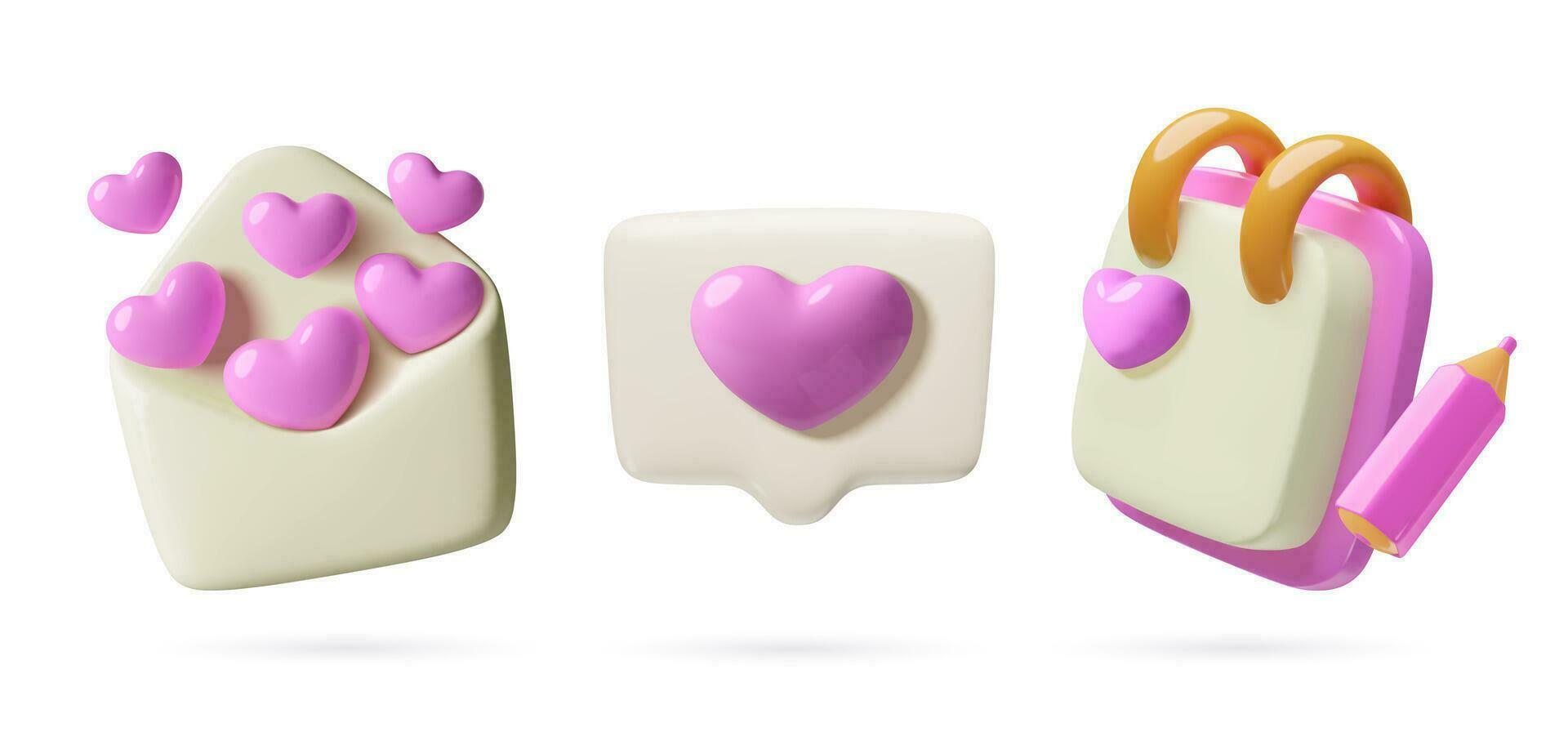 Love message notification 3d icons set. Envelope, speech bubble and a note with pink hearts. vector