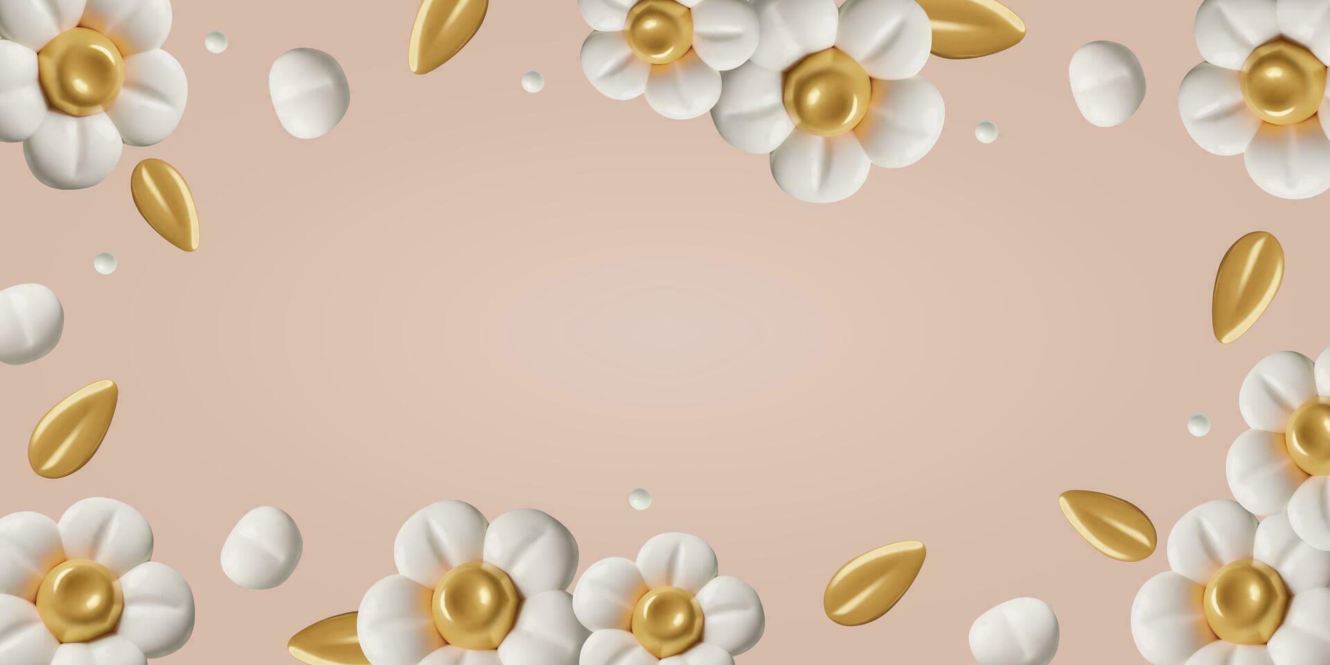 3D white flowers and gold leaves on peach color background Spring floral banner with copy space vector