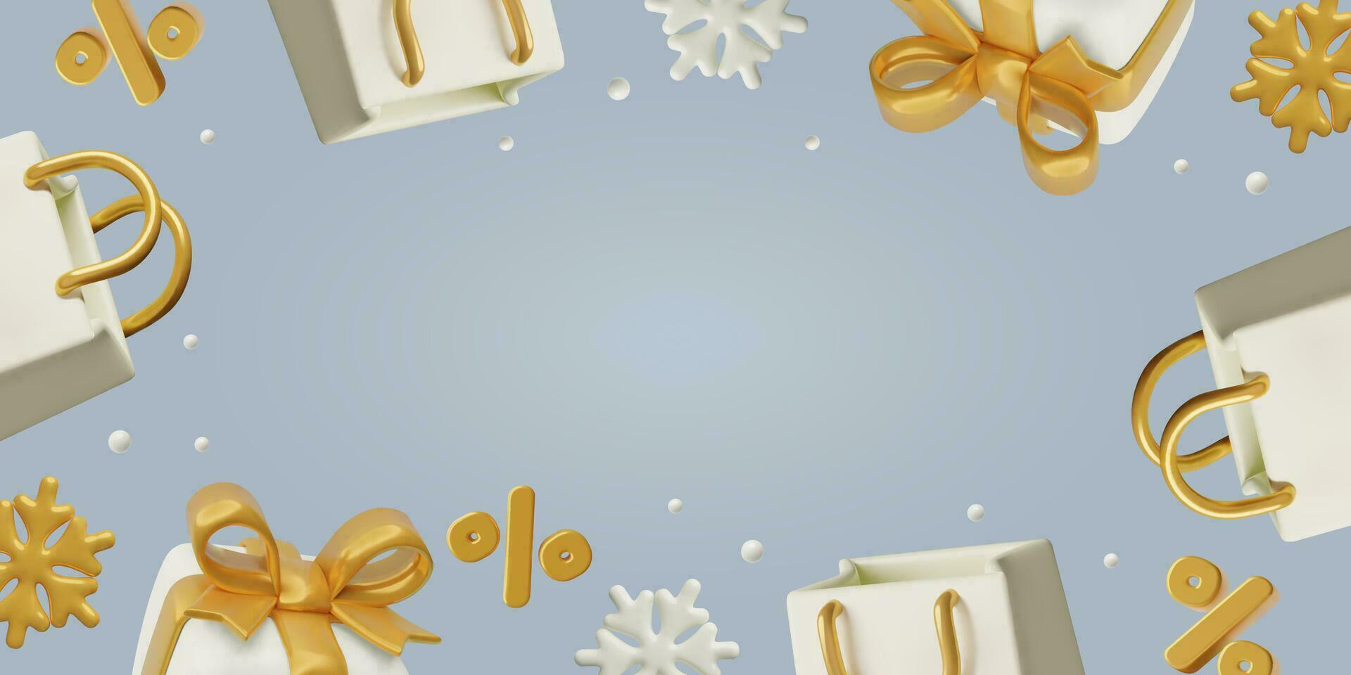 Winter sale background with 3D realistic shopping bags snowflakes presents percentage and copy space vector