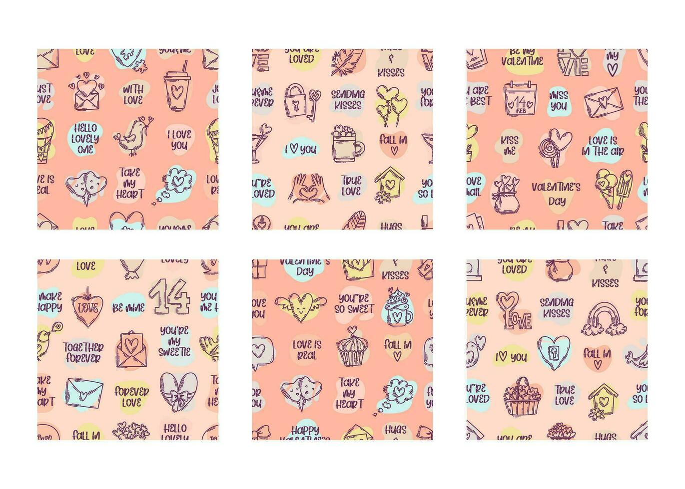 The love theme doodle style color seamless pattern, Valentines Day hand-drawn icons with a simple engraving retro effect. Romantic mood, cute symbols and elements backgrounds collection. vector