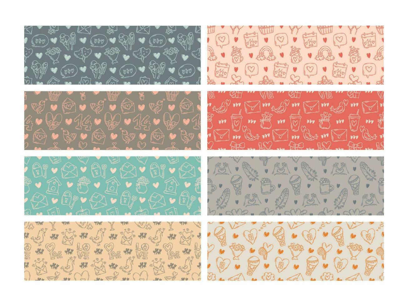 The love theme doodle style seamless patterns set, Valentines Day hand-drawn color icons with a simple engraving retro effect. Romantic mood, cute symbols and elements backgrounds collection. vector