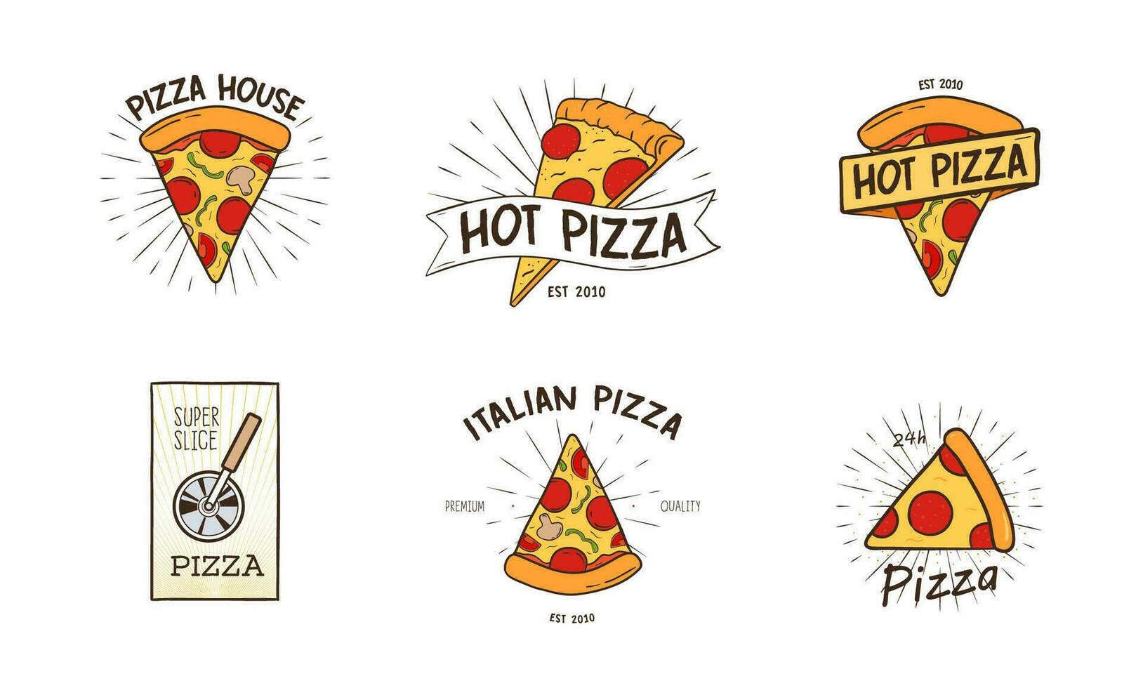Pizzeria logotypes set. Collection of different logo with pizza slices and inscriptions. vector