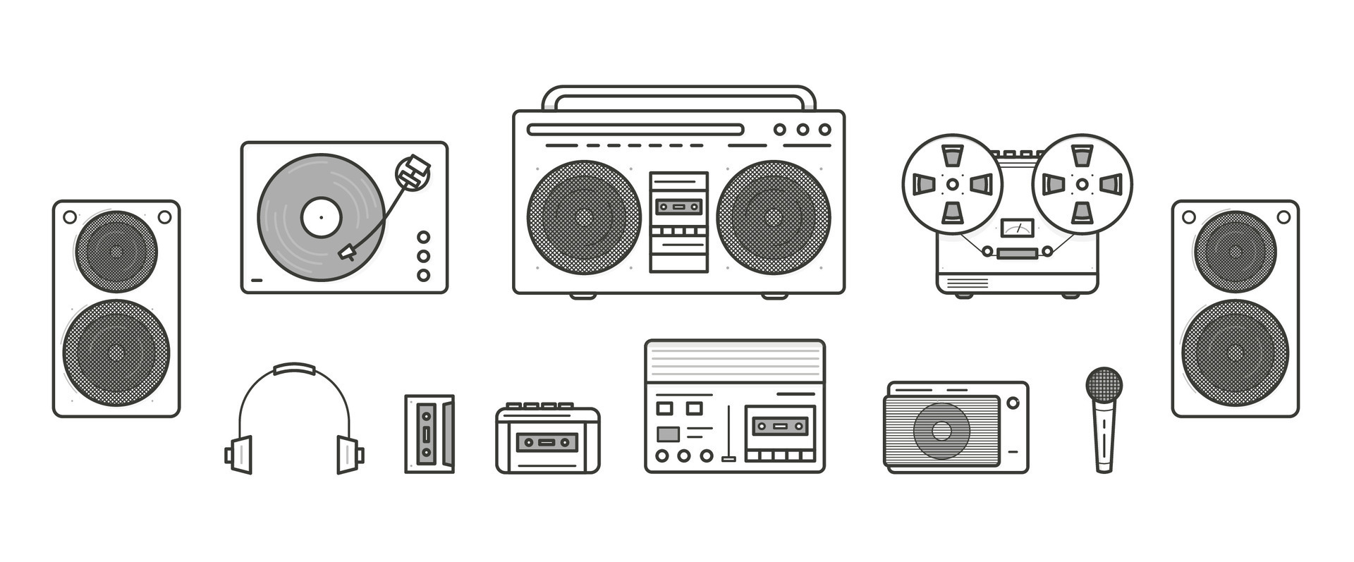 Sound systems retro collection. Portable player, headphones, cassette player,  stereo system, speakers, record player, tape recorder, mic, radio, vinyl  player. Contour vector line art illustration set 36433034 Vector Art at  Vecteezy