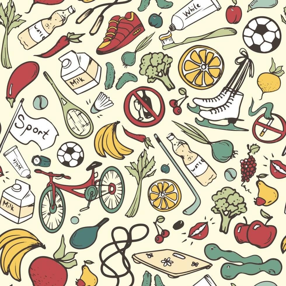 Healthy lifestyle seamless pattern. Hand drawn background with fitness, sport, fruit and vegetables symbols. Doodle vector illustration