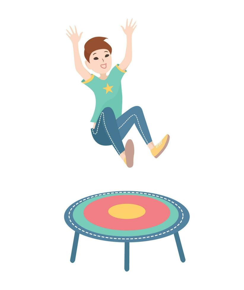 contento chico saltando en un trampolín. vector vistoso ilustración en blanco antecedentes.