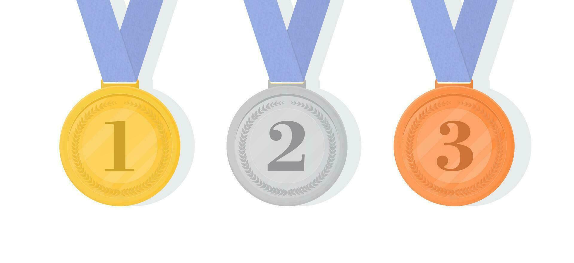 Gold, silver and bronze award medals with ribbons. First, second and third places vector