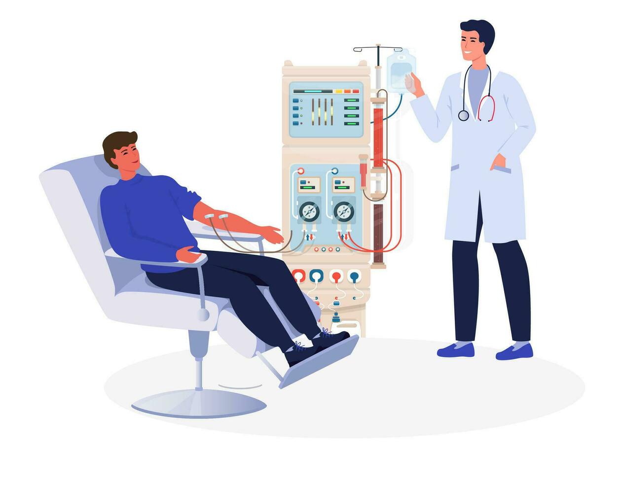 Blood donation concept. Man sitting in the chair in the hospital. Humanitarian aid. Donor day. Flat vector illustration.