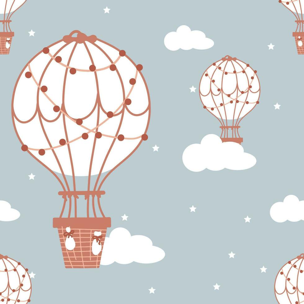 sin costura modelo con infantil motivos un volador globo en un antecedentes de nubes y estrellas. para niños ropa, fondo de pantalla, cama lino vector