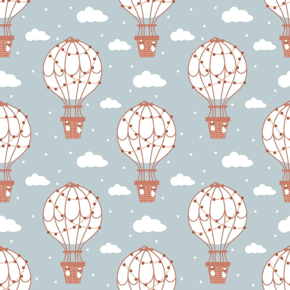 Seamless pattern with childish motifs. A flying balloon on a background of clouds and stars. Children's clothes, wallpaper, bed linen vector