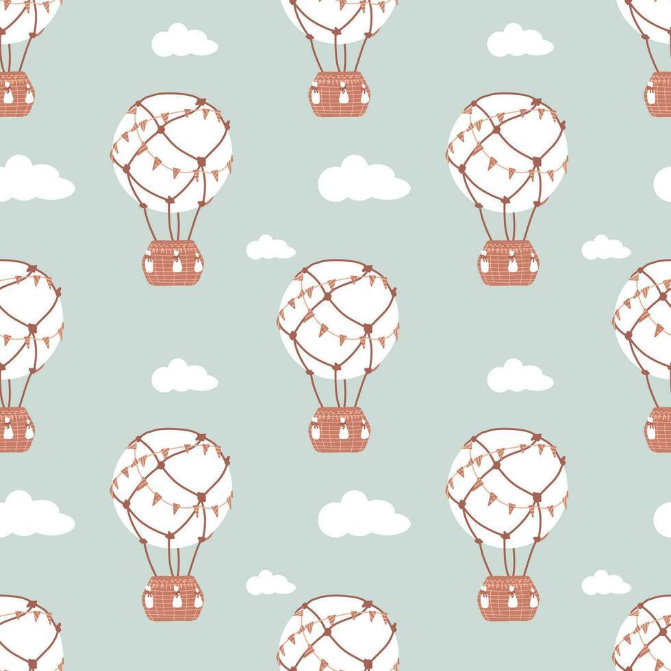 Seamless pattern with childish motifs. A flying balloon on a background of clouds. Children's clothes, wallpaper, bed linen vector