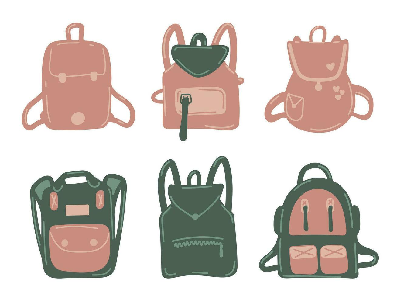 Set of school backpacks of different shapes and styles. Isolated briefcases on a white background for schoolchildren, students and travelers. vector