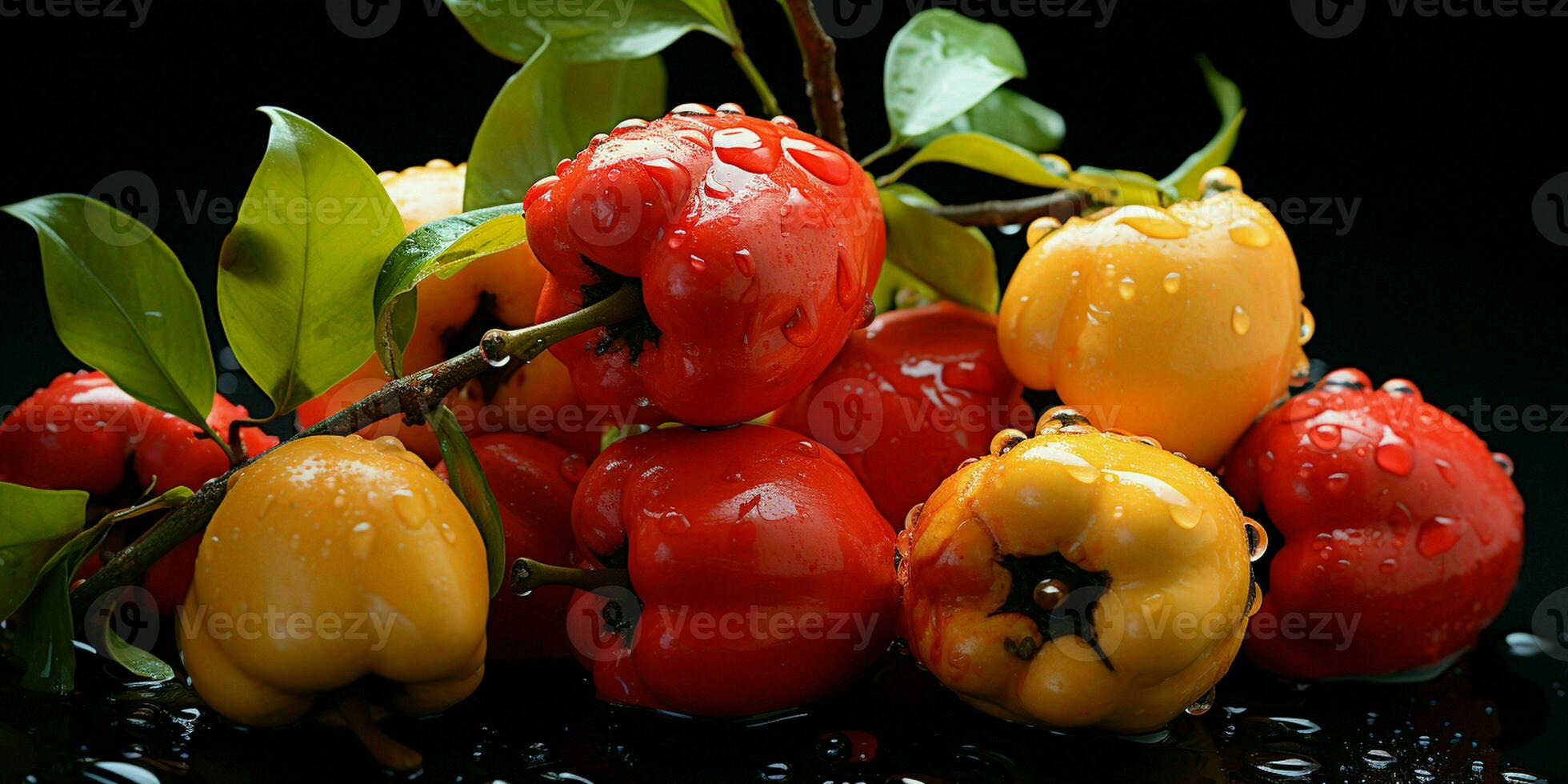 AI generated Fresh Ackees Pile with Water Droplets. Tropical Blighia Sapida Fruit. Generative AI photo