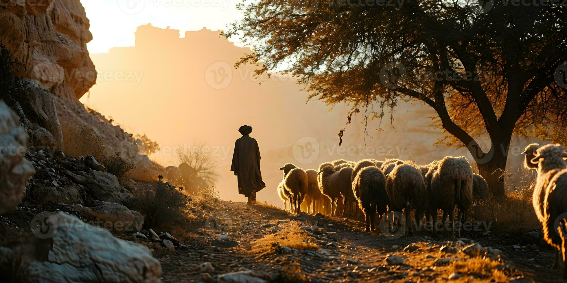 ai generado un medio oriental hombre manadas un rebaño de oveja en un Desierto Valle a puesta de sol. generativo ai foto