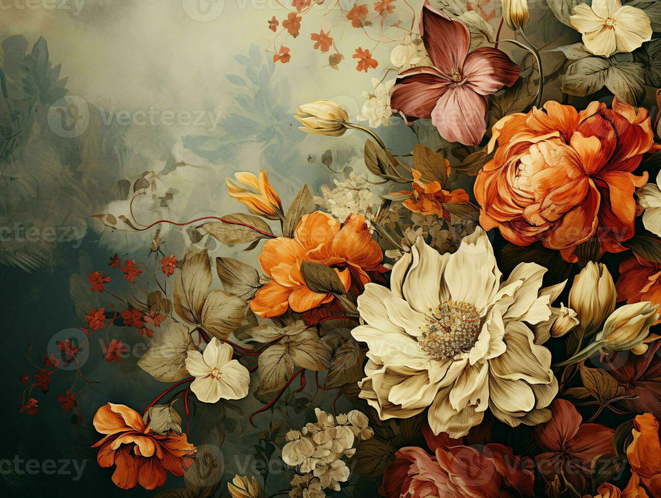 AI generated Beautiful Blooming Flowers Illustration in Vintage Art Style. Exotic Floral Background. Generative AI photo