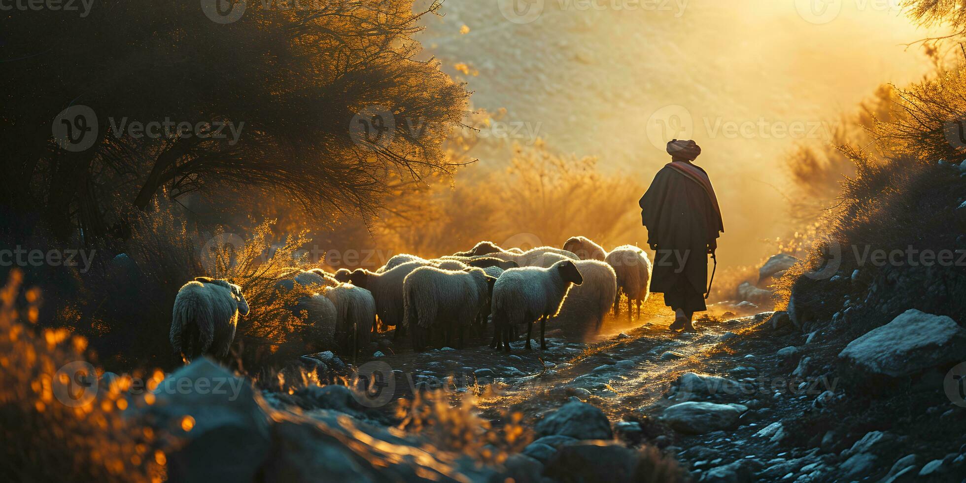 ai generado un medio oriental hombre manadas un rebaño de oveja en un Desierto Valle a puesta de sol. generativo ai foto