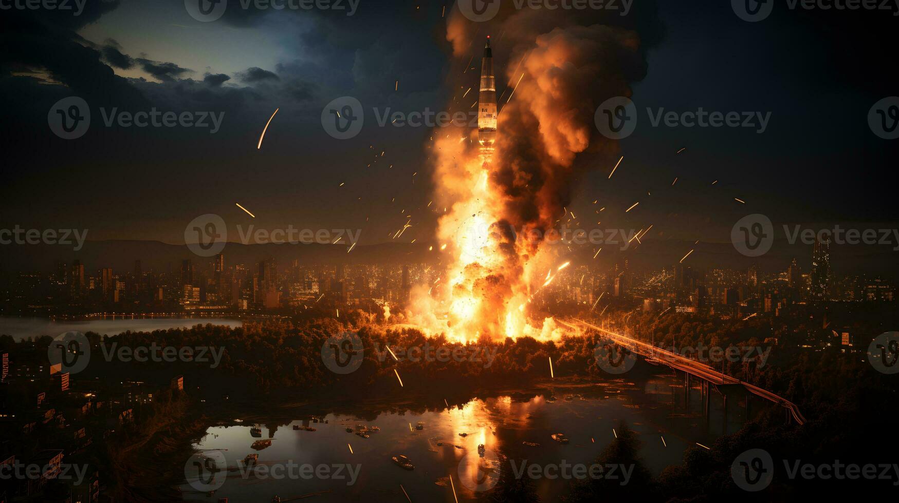 AI generated City Burns After Missile Explodes During War. Doomsday Disaster. Generative Ai photo