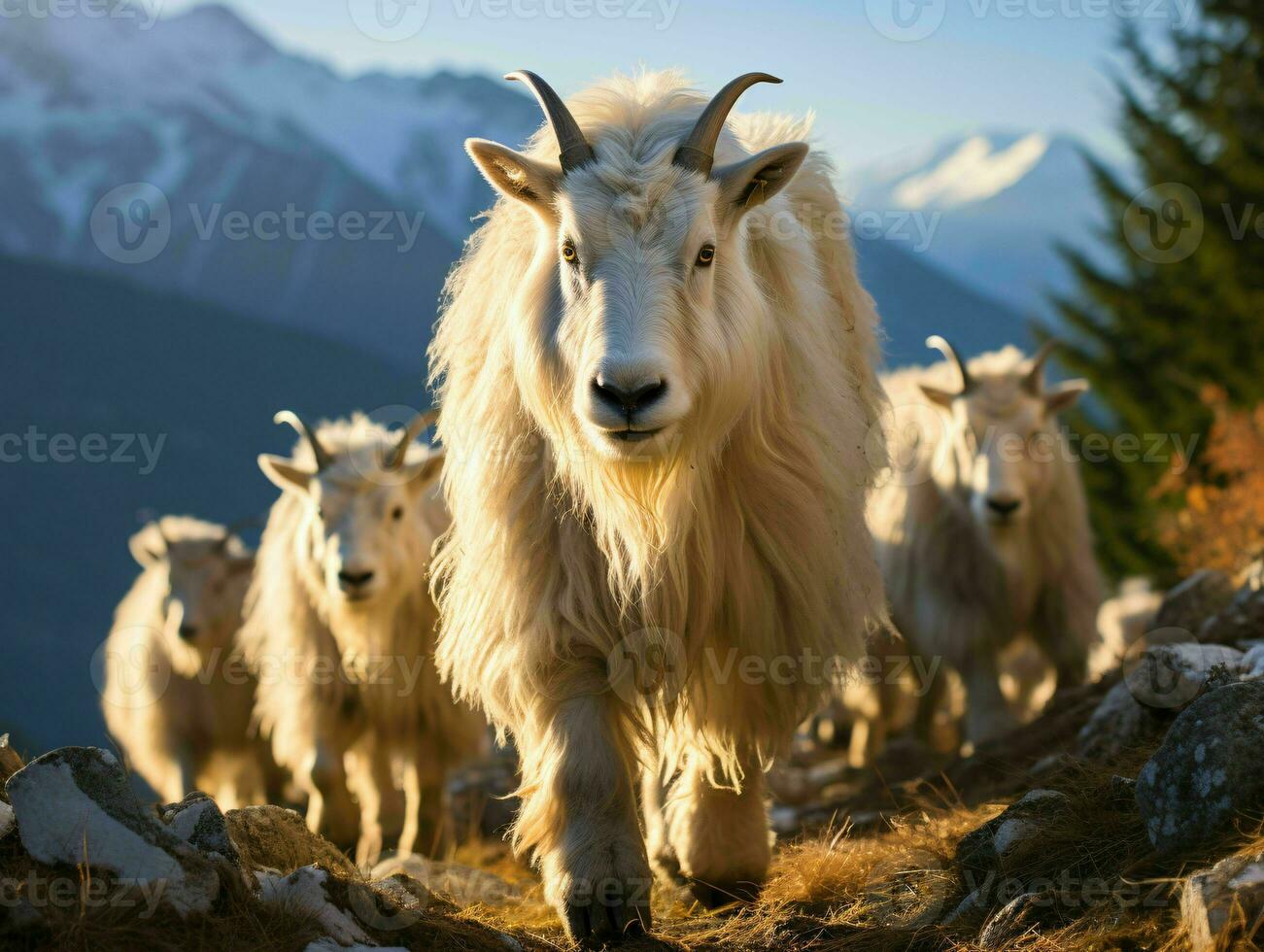 AI generated Herd of Mountain Goats on a Rocky Hill. Generative AI photo