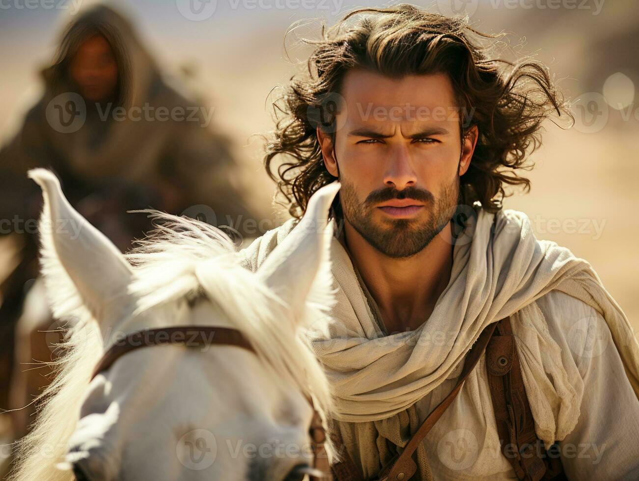 AI generated Middle Eastern man riding a horse in the desert. Arabian man riding horse. Generative AI photo