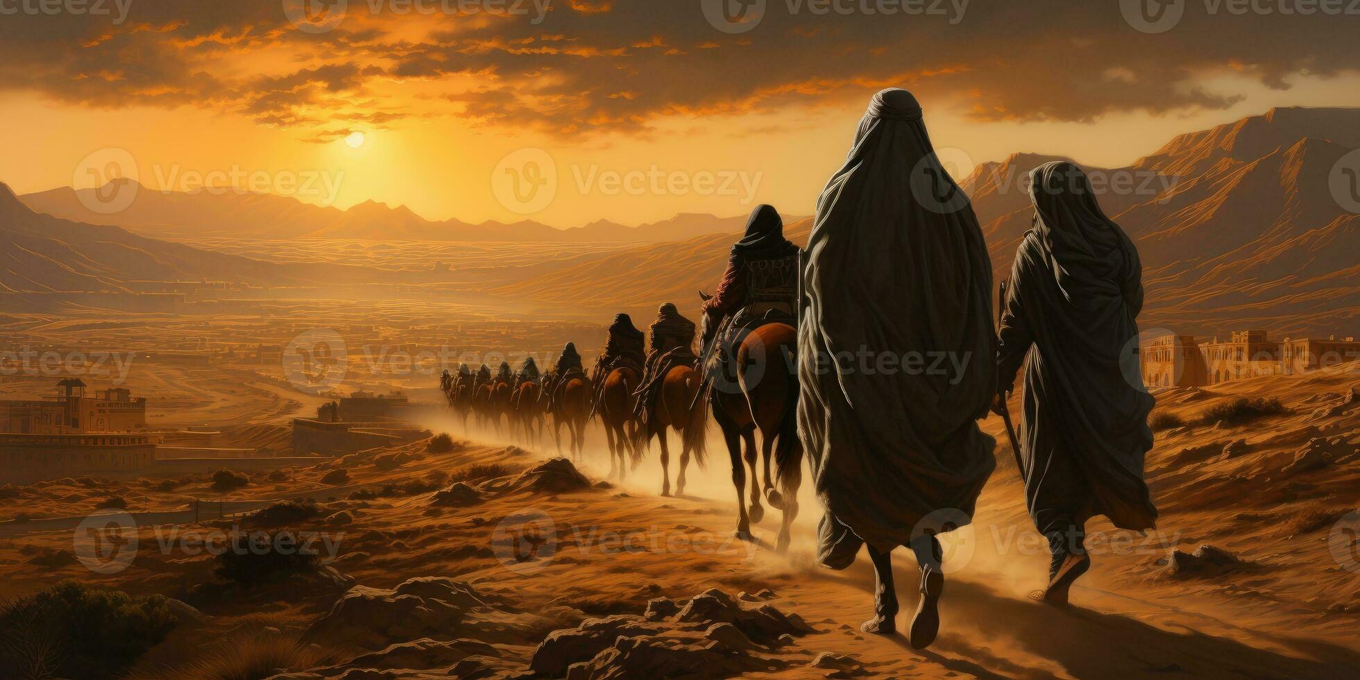 AI generated Arabian People Doing a Long Journey on Foot and Horseback. Generative AI photo