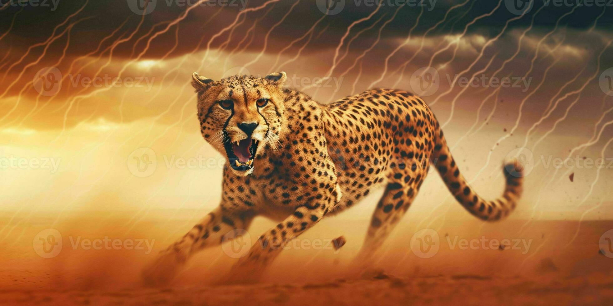 AI generated A Cheetah Sprinting in the Desert with Thunderstorm Behind. Generative AI photo